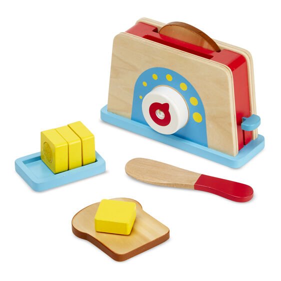 Melissa & Doug wooden Bread & Butter Toast Toaster Set with pretend knife, butter, bread, and toaster. - Little Gift Nook