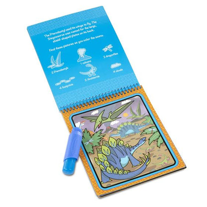 Melissa & Doug Water Wow Dinosaurs activity pad. Page in activity book is colored in with water. - Little Gift Nook