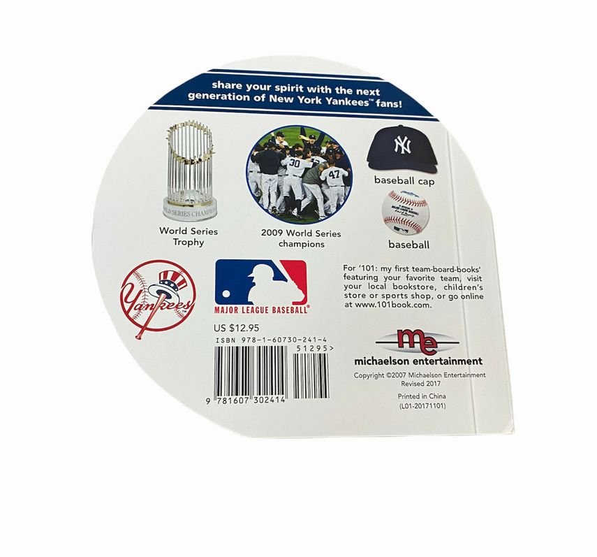 New York Yankees 101 Board Book back cover with 2009 world series champions photo sitting on white background.