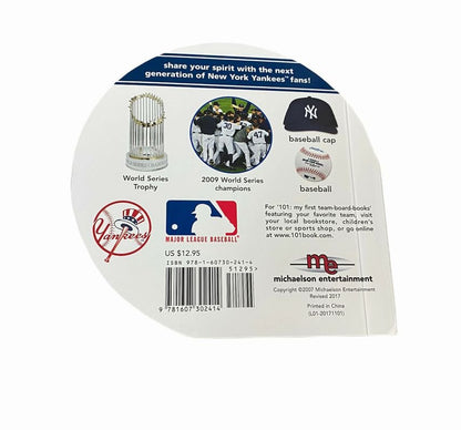 New York Yankees 101 Board Book back cover with 2009 world series champions photo sitting on white background.
