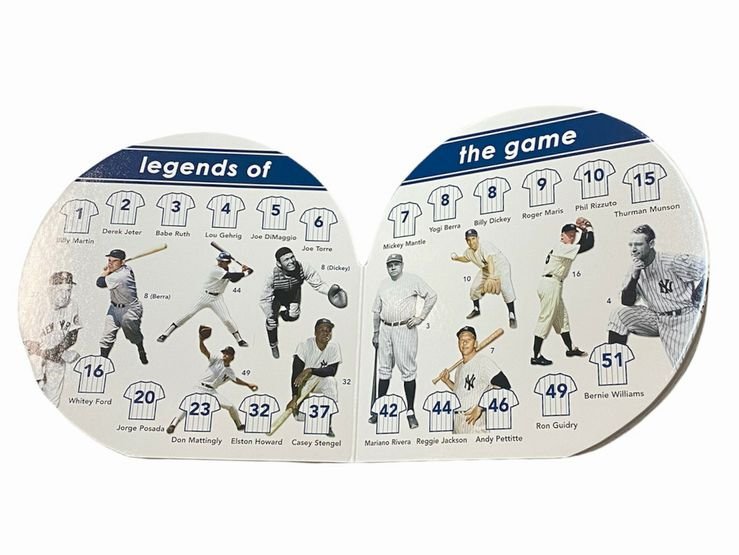 Inside pages of New York Yankees 101 board book with jersey numbers and players on 2 pages turned open on white background.