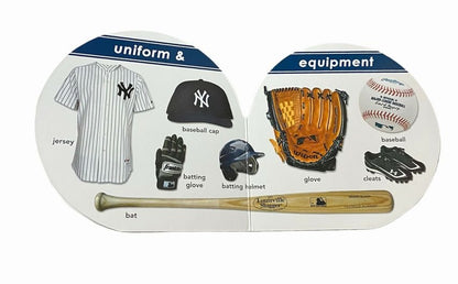 New York Yankees 101 Board Book pages with uniform and equipment. Jersey, cap, helmet, bat, glove on 2 pages. Sitting on white background.