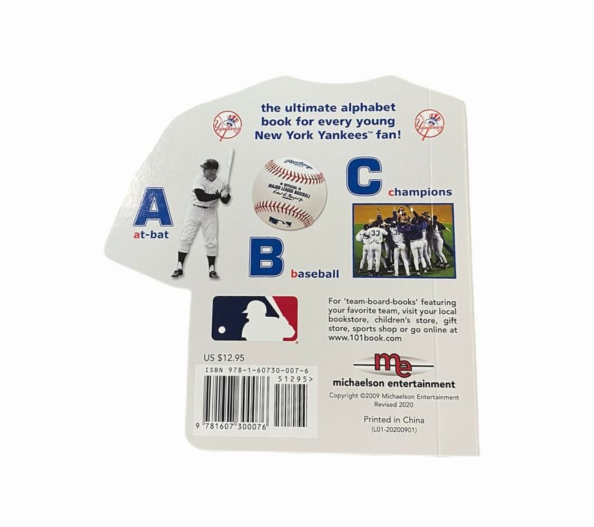 New York Yankees Alphabet Board Book back cover with letters A, B, and C at bat, baseball, champions laying on white background.