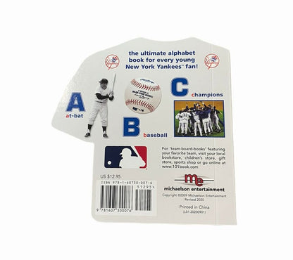 New York Yankees Alphabet Board Book back cover with letters A, B, and C at bat, baseball, champions laying on white background.