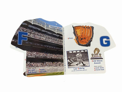 New York Yankees Alphabet Board Book open to pages F and G pictures of stands, gloves, Lou Gehrig on a white background.