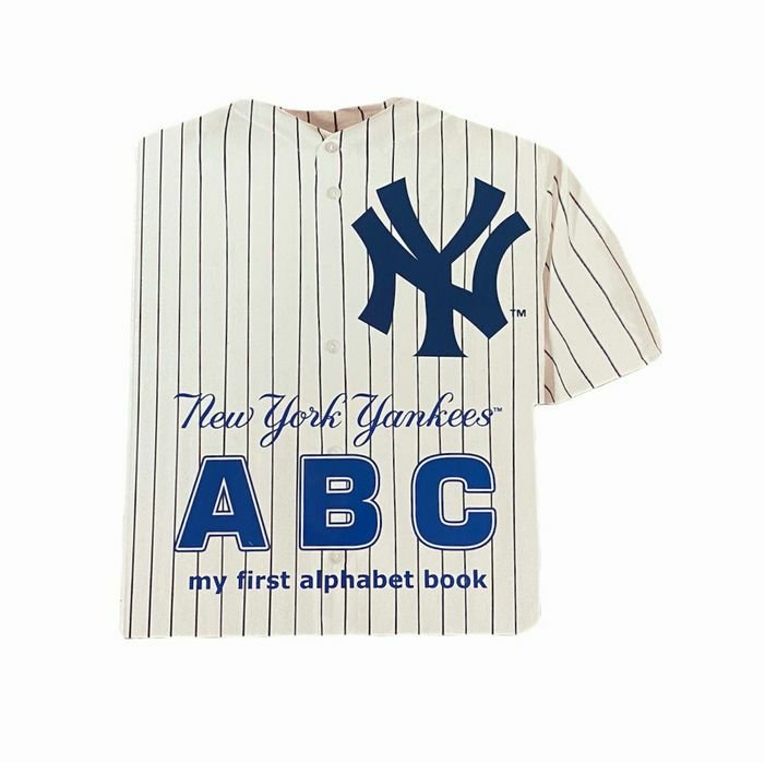 New York Yankees ABC My first alphabet board book shaped like a baseball jersey with stripes sitting on white background.