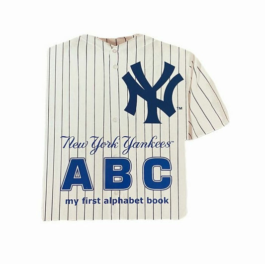 New York Yankees ABC My first alphabet board book shaped like a baseball jersey with stripes sitting on white background.