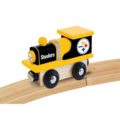 Pittsburgh Steelers NFL Wood Train Engine on wooden track.