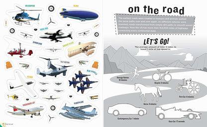 Peel & Discover Vehicles Sticker Activity Book inside pages of  Planes, Helicopters, air travel stickers.
