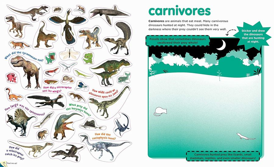 Peel & Discover Dinosaurs Sticker Activity Book carnivores stickers and activity page. 