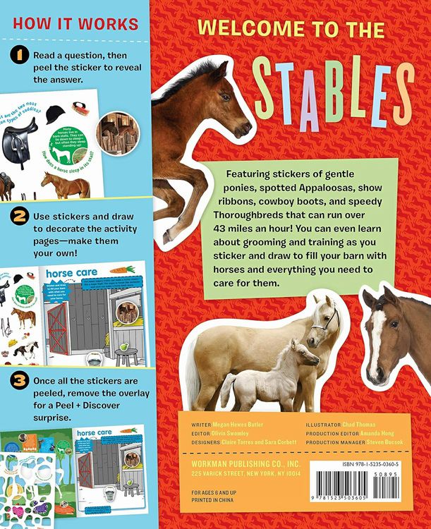 Peel & Discover Horses Sticker Activity Book back cover with images of contents and facts. 