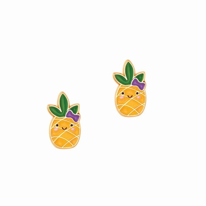 yellow pineapple stud pierced earrings sitting on white background. Little Gift Nook.