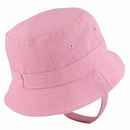 Pink baby toddler bucket sun hat side view with chin strap on white background.