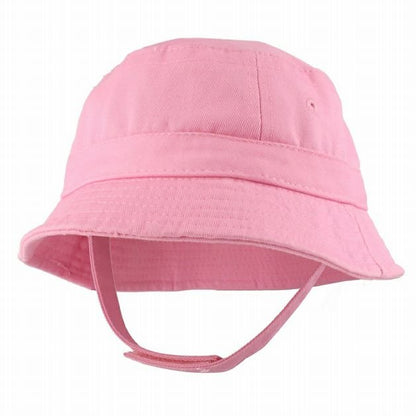 Pink baby and toddler bucket hat with velcro chin strap sitting on white background.