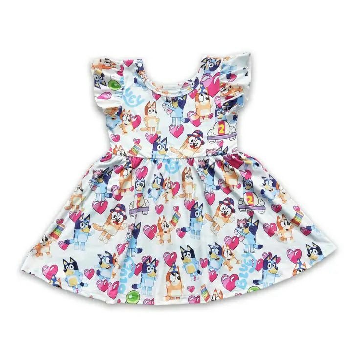 Bluey dog and Bingo hearts flutter sleeve girls dress on a white background. Little Gift Nook