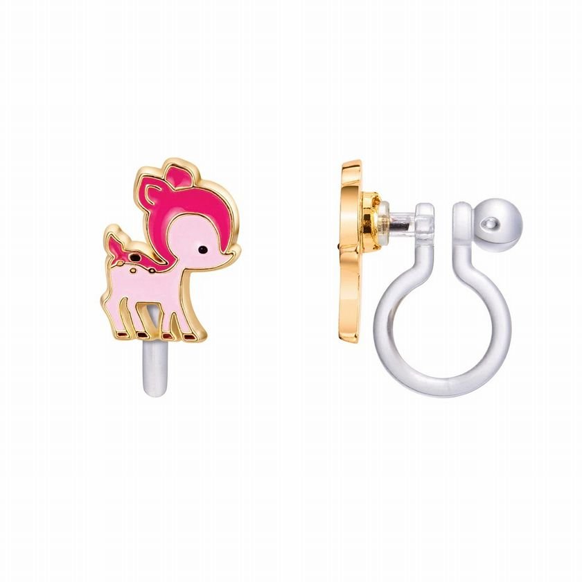 Darling Pink Deer Lead Free CLIP ON Earrings with silicone backs sitting on white background. Little Gift Nook