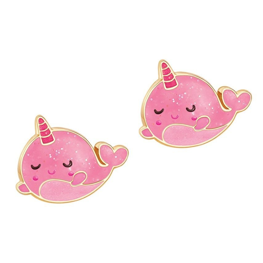Glitter Pink Narwhal Lead Free Pierced Earrings on white background. Little Gift Nook
