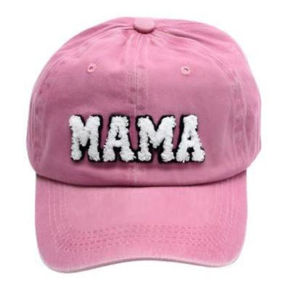 Pink washed sherpa letters MAMA baseball hat sitting on white background.