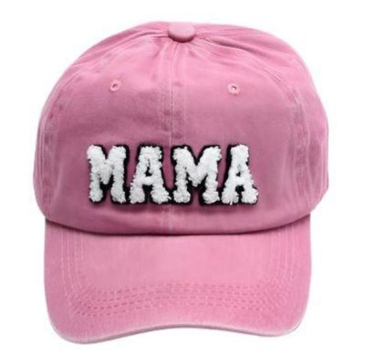 Pink washed sherpa letters MAMA baseball hat sitting on white background.