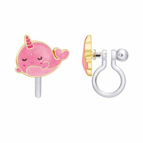 Glitter Pink Narwhal Lead Free Clip On Earrings. Silicone no pinch backing - Little Gift Nook