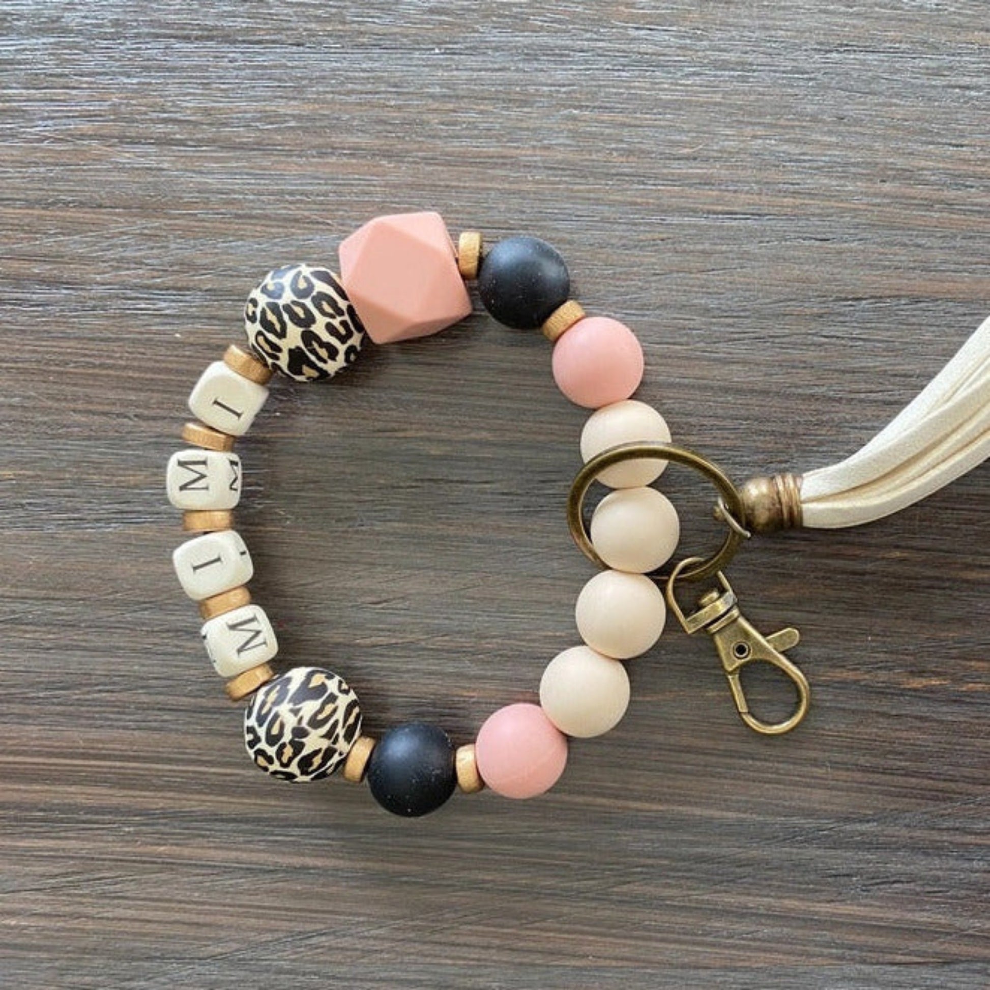 Silicone Beaded Wristlet MIMI Keychain. pink, black, animal print silicone beads with block letter beads MIMI. - Little Gift Nook