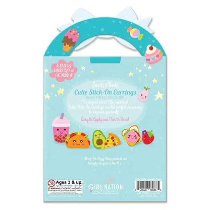 Back of package of Kids Stick On Sticker Earrings ~ Sweets & Treats 32 Pair. Little Gift Nook.