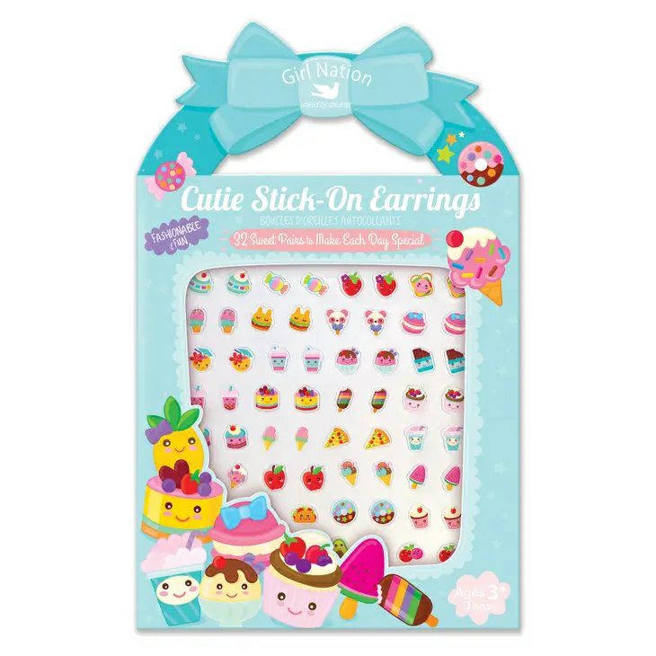 Kids Stick On Sticker Earrings ~ Sweets & Treats 32 Pair in little package that has clear window to see styles and handle at top.- Little Gift Nook