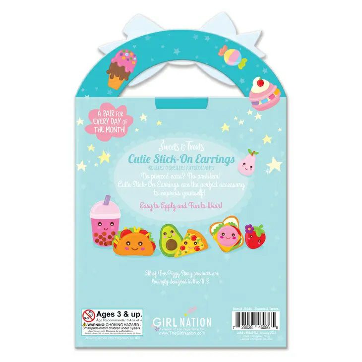 Back of package of Kids Stick On Sticker Earrings ~ Sweets & Treats 32 Pair. Little Gift Nook.
