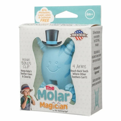 The Molar Magician Teether in Blue in package box sitting on white background.