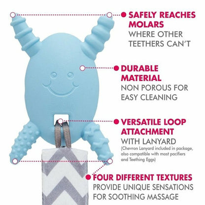 The Molar Magician baby teether in blue with details listed in pink and gray text on a white background.
