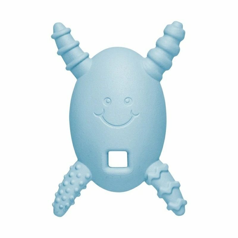 The Molar Magician Baby Teether in Blue with 4 textured food grade silicone arms that make reaching back teeth easier and funy happy face sitting on white background. Made in USA. 
