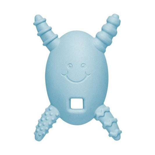 The Molar Magician Baby Teether in Blue with 4 textured food grade silicone arms that make reaching back teeth easier and funy happy face sitting on white background. Made in USA. 