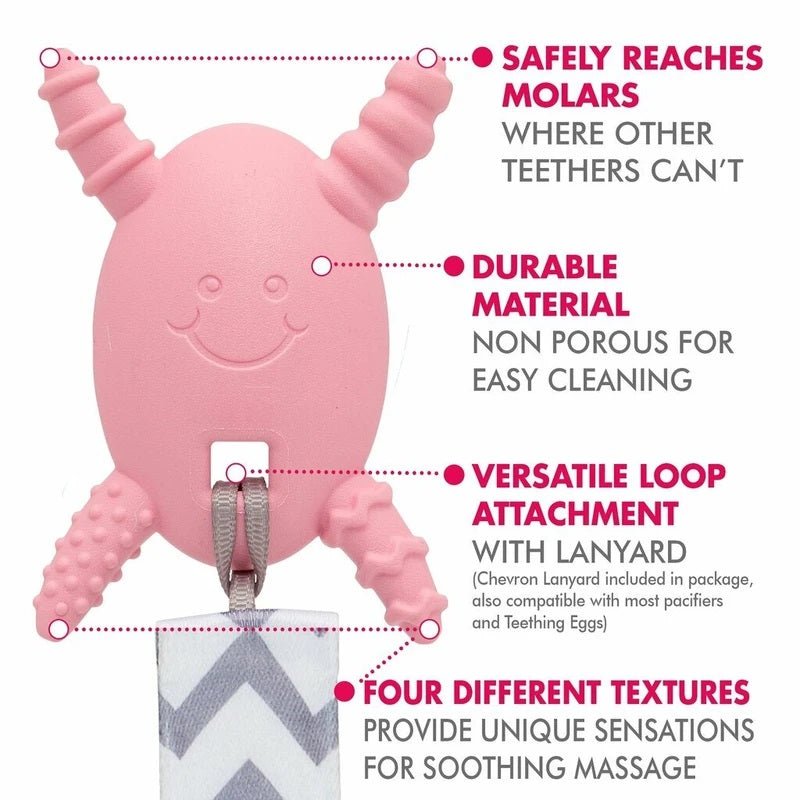 The Molar Magician Teether in Pink with details and specifications.