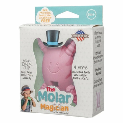 The Molar Magician Teether in Pink in packaging box sitting on white background.