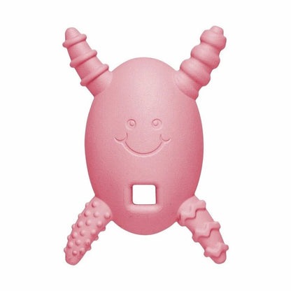 The Molar Magician Teether in Pinkwith 4 arms that reach back teeth sitting on a white background. Little Gift Nook