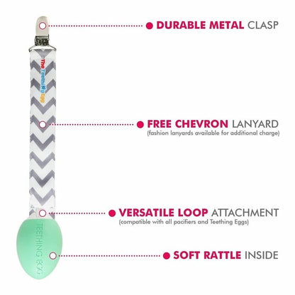 The Teething Egg mint green egg shaped baby teether with gray strap and details on a white background. 