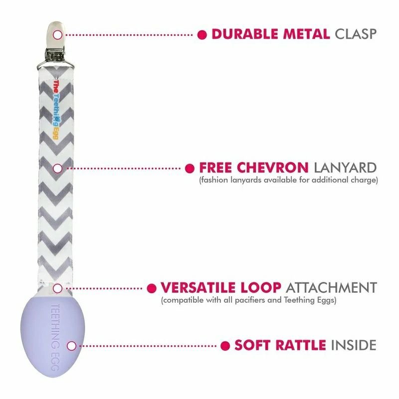 The Teething Egg lavender egg shaped baby teether with gray strap and details on a white background. 