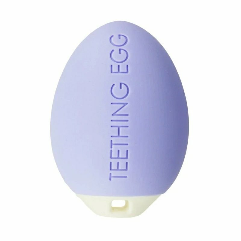 Lavender egg shaped teether The Teething Egg standing upright with logo embedded on a white background. 