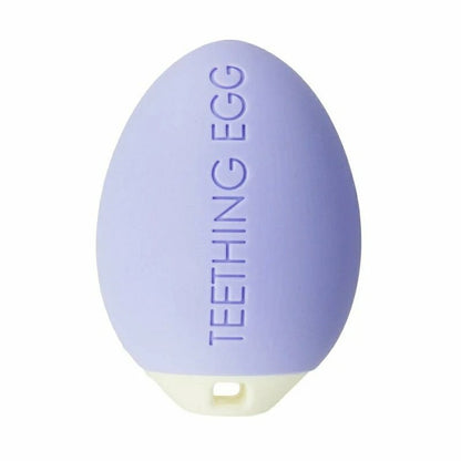 Lavender egg shaped teether The Teething Egg standing upright with logo embedded on a white background. 