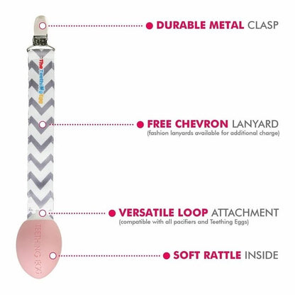 The Teething Egg pink egg shaped baby teether with gray strap and details on a white background. 