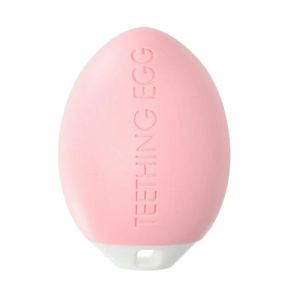 Pink egg shaped teether The Teething Egg standing upright with logo embedded on a white background. 