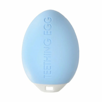 Close up of The Teething Egg Baby Teether in Blue. Made in USA - Little Gift Nook