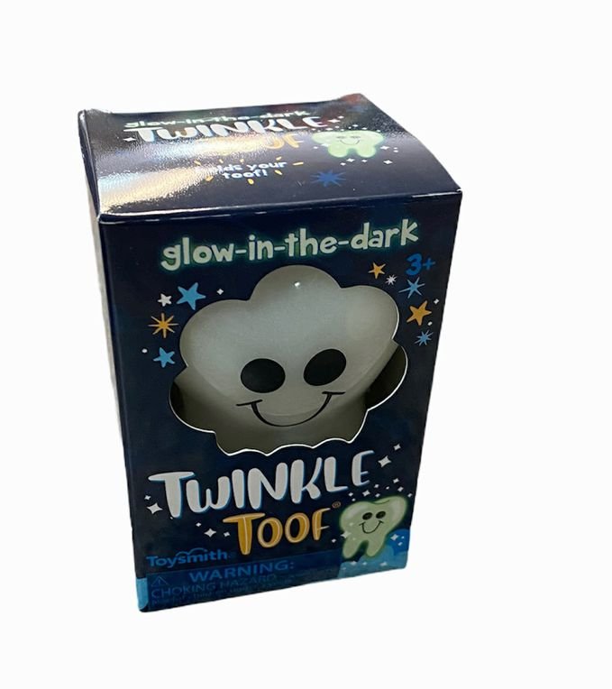 Twinkle Toof Tooth Fairy Glow in the Dark Tooth Keeper front of box on white background. 