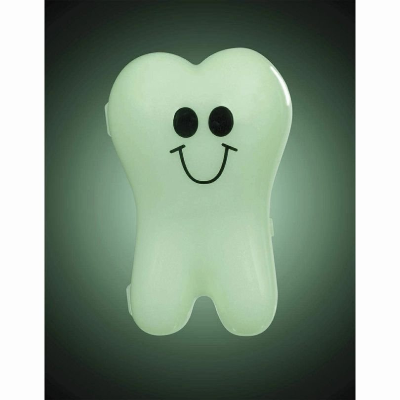 Twinkle Toof Tooth Fairy Glow in the Dark Keeper white plastic tooth glowing on black green background.