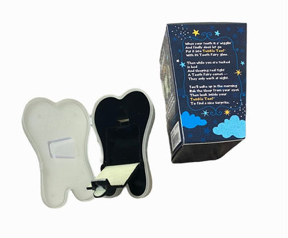 Open white plastic Twinkle Tooth Toothfairy tooth keeper container on white background with navy box packaging. 