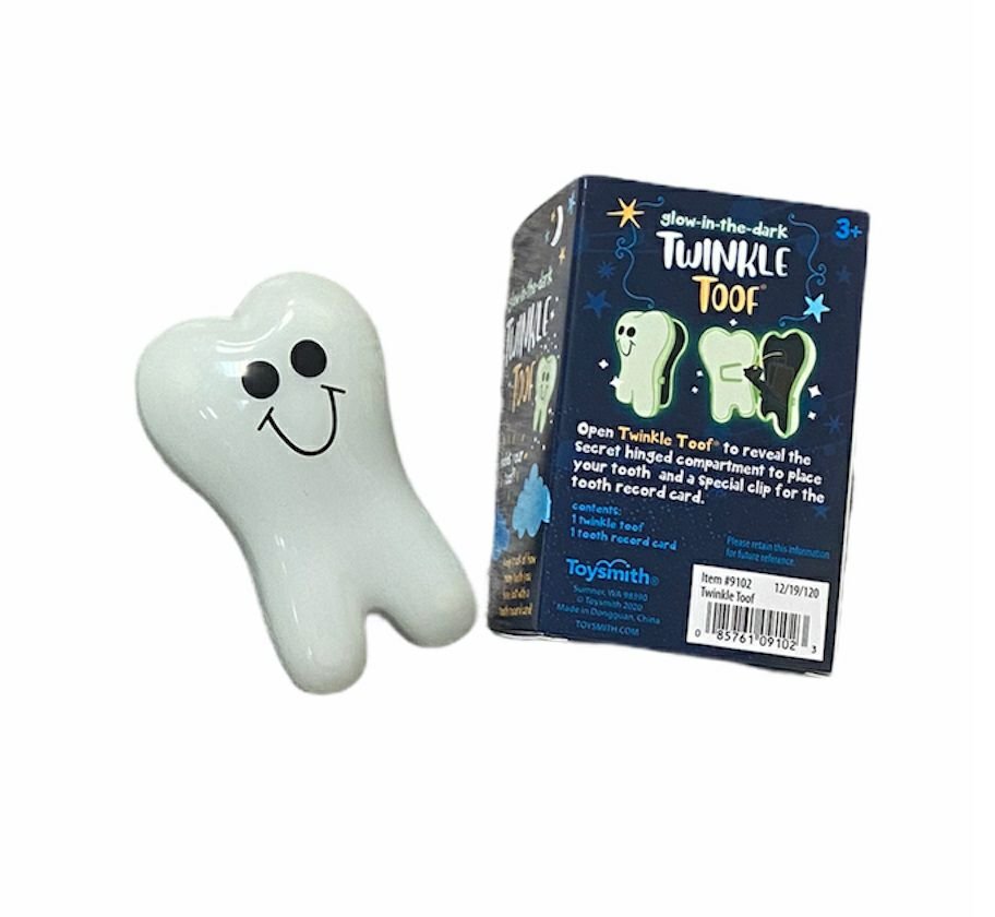 Twinkle Toof Tooth Fairy Glow in the Dark Keeper box and plastic tooth sitting on white background. 