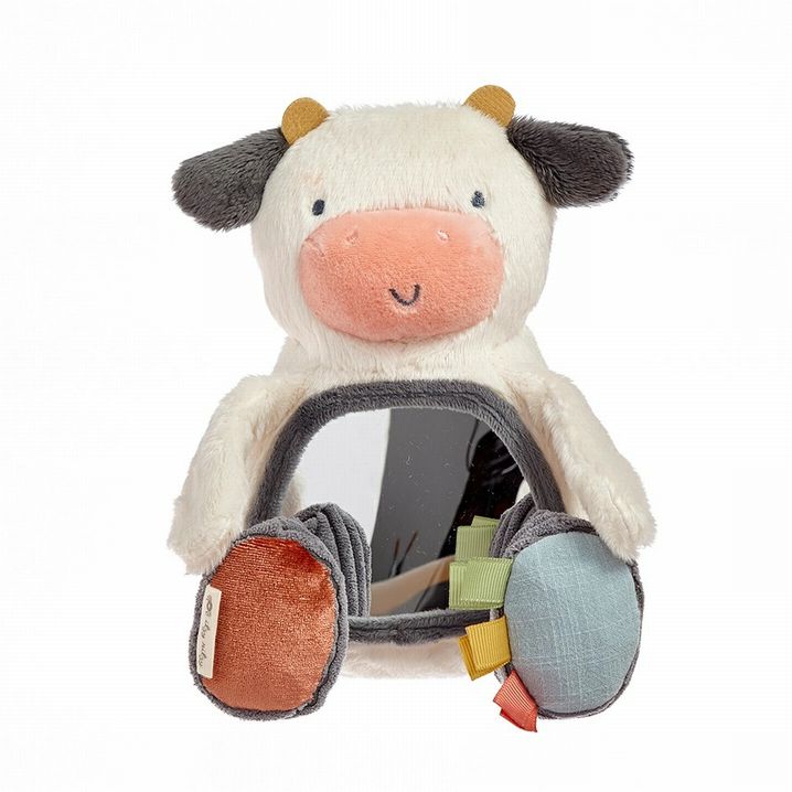 Itzy Ritzy New Itzy Bitzy Mirror Cow Texture Baby Toy. white plush soft cow with mirrow on belly and sensory textured features throughout. - Little Gift Nook