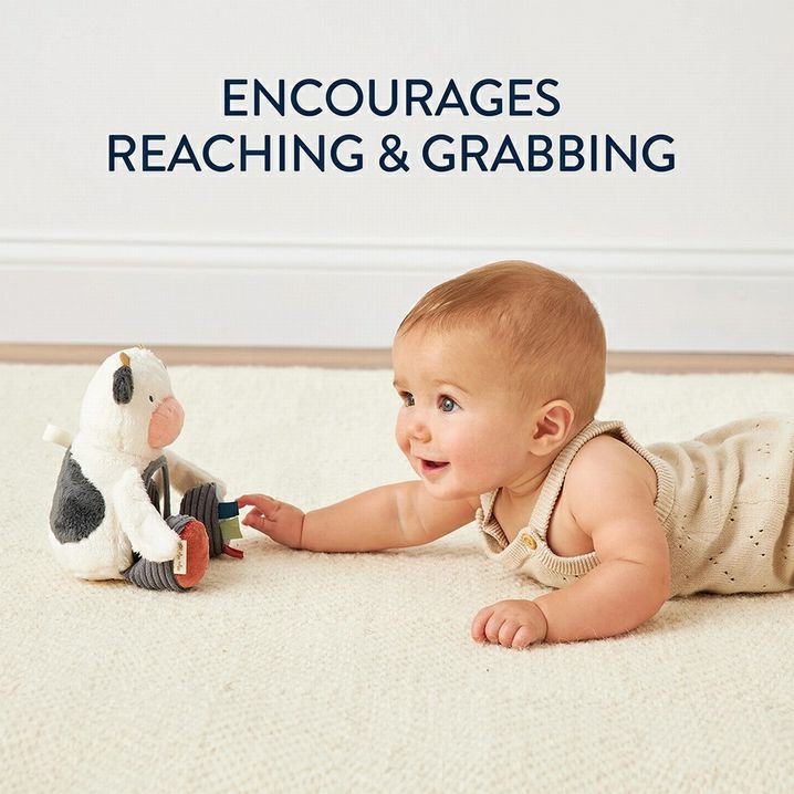 Itzy Ritzy New Itzy Bitzy Mirror Cow Texture Baby Toy. Baby with little plush mirror cow toy. - Little Gift Nook