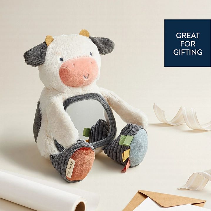 Itzy Ritzy New Itzy Bitzy Mirror Cow Texture Baby Toy. Sitting white gray textured cow with mirror belly. - Little Gift Nook