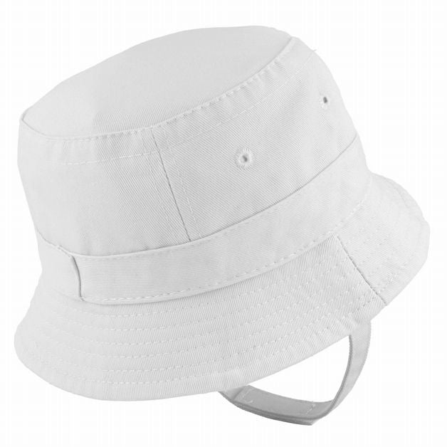 Side view of white baby bucket hat with chin strap on a white background.